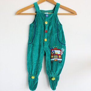 Baby 90s Corduroy Footie Overalls Green Fire Truck Red Yellow Buttons Sz 6-9 Mo